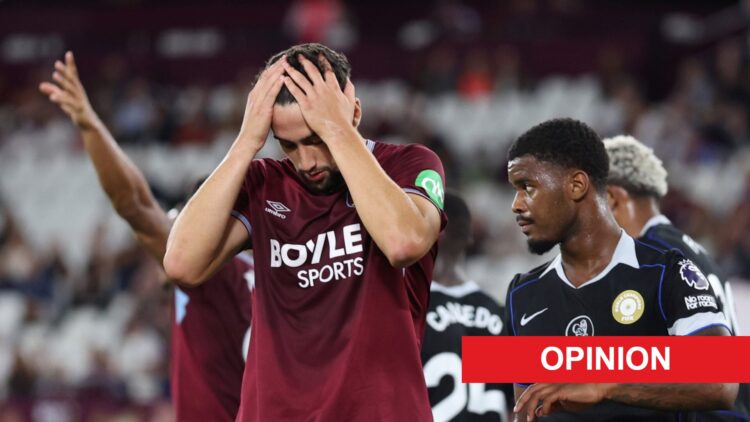 Max Kilman during West Ham United v Chelsea - Premier League. An 'opinion' banner has been added.