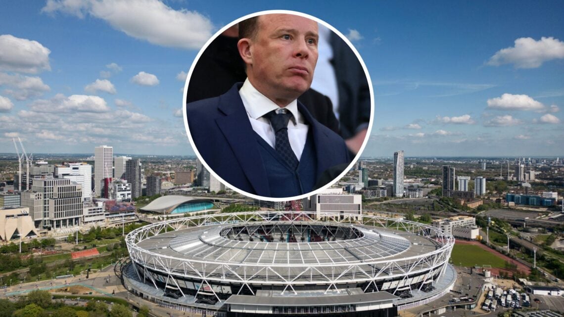 An aerial view of West Ham's London Stadium and, inset, Everton chief Angus Kinnear