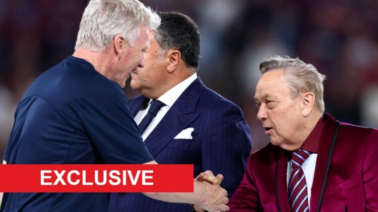 Ex West Ham boss David Moyes shakes hands with co-owner David Sullivan after winning the Europa Conference League