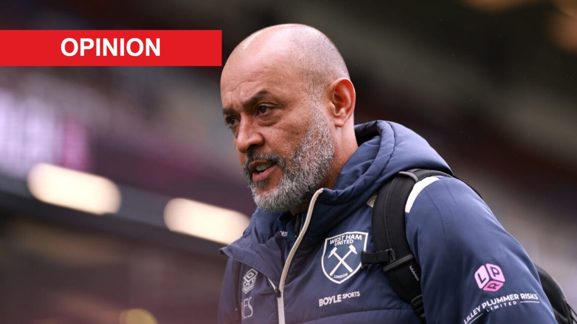 Nuno Espirito Santo during Burnley v West Ham United. An 'opinion' banner has been added.