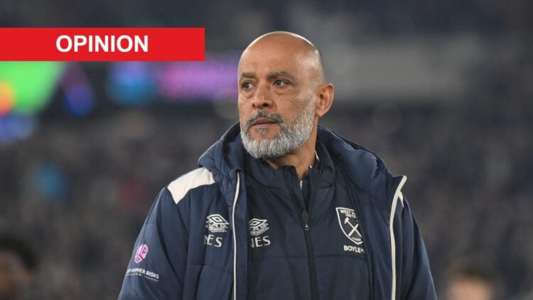 Nuno Espirito Santo during West Ham's Premier League game against Wolves. An 'opinion' banner has been added.