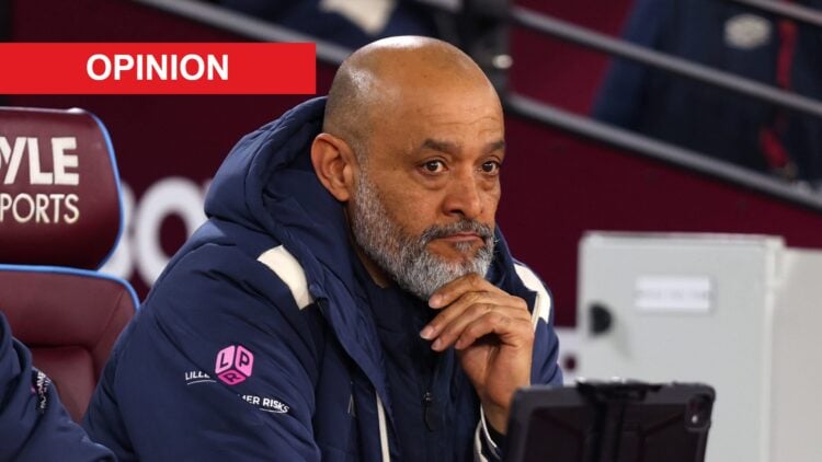 Nuno Espirito Santo looks on during West Ham United's FA Cup game against Brentford. An 'opinion' banner has been added.