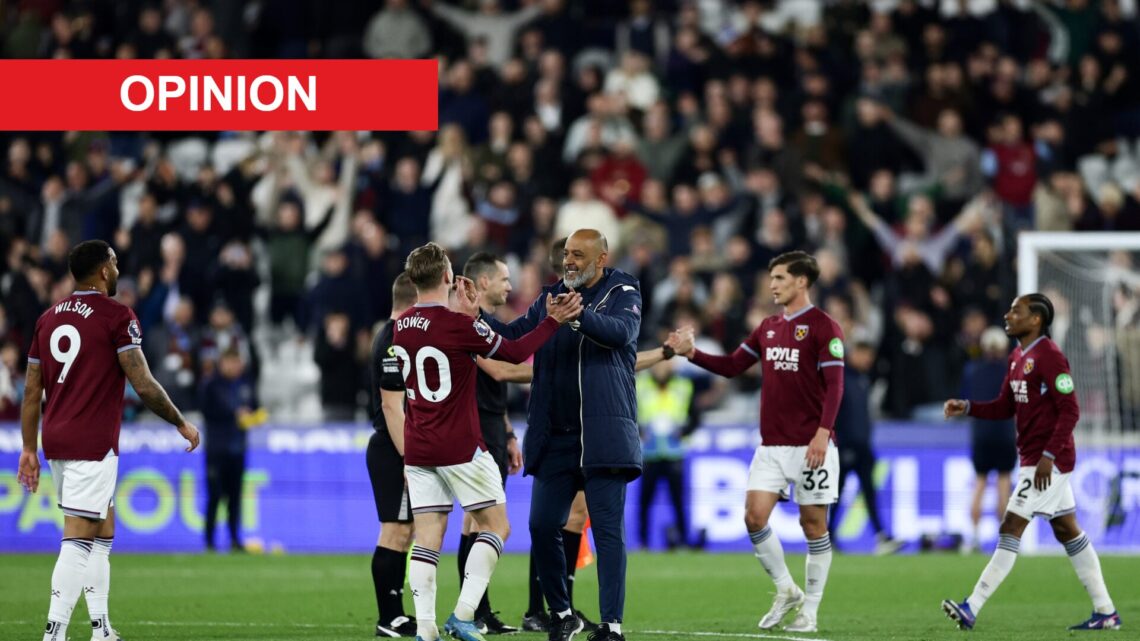 Nuno Espirito Santo celebrates with Jarrod Bowen after West Ham beat Wolves in the Premier League. An 'opinion' banner has been added.