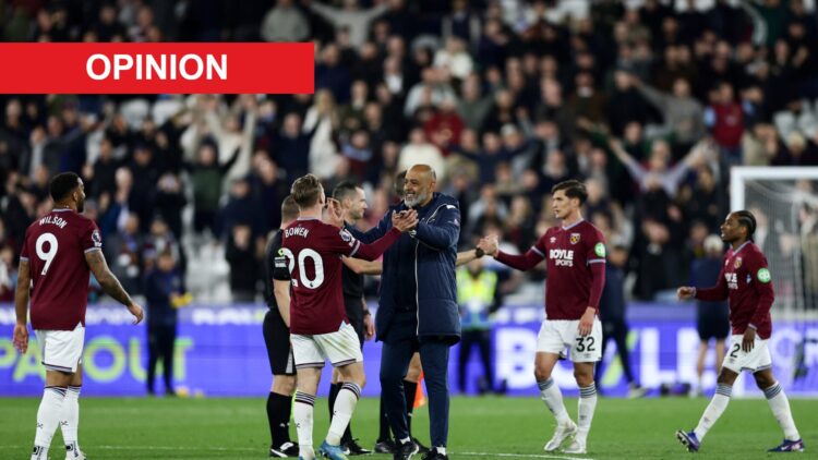 Nuno Espirito Santo celebrates with Jarrod Bowen after West Ham beat Wolves in the Premier League. An 'opinion' banner has been added.