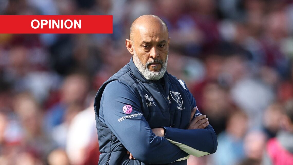 Nuno Espirito Santo on the touchline during West Ham United's Premier League game with Everton. An 'opinion' banner has been added.