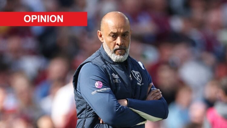 Nuno Espirito Santo on the touchline during West Ham United's Premier League game with Everton. An 'opinion' banner has been added.