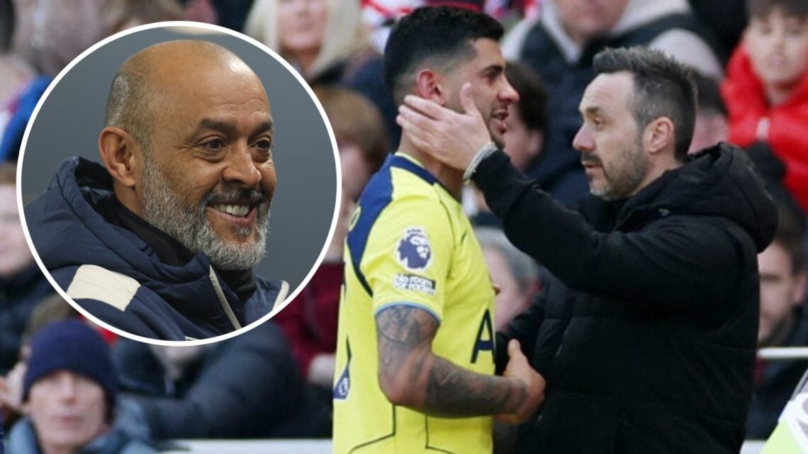 Roberto De Zerbi consoles injured defender Cristian Romero. Inset, West Ham boss Nuno Espirito Santo smiles