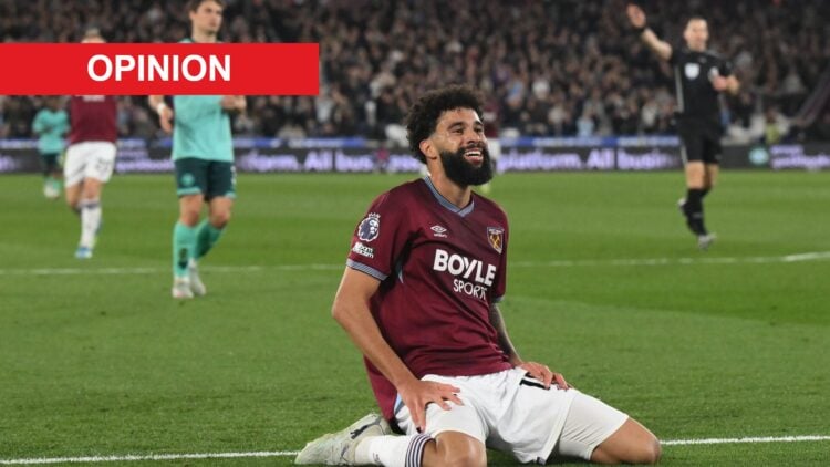 Pablo Felipe during West Ham United's Premier League game against Wolves. An 'opinion' banner has been added.