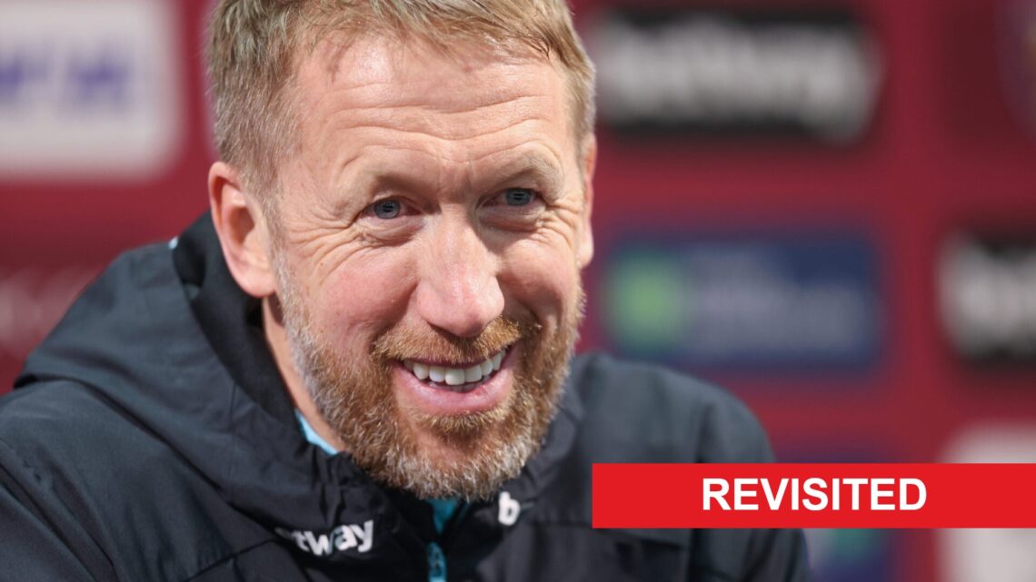 Graham Potter speaking during a West Ham United press conference. A 'revisited' banner has been added.