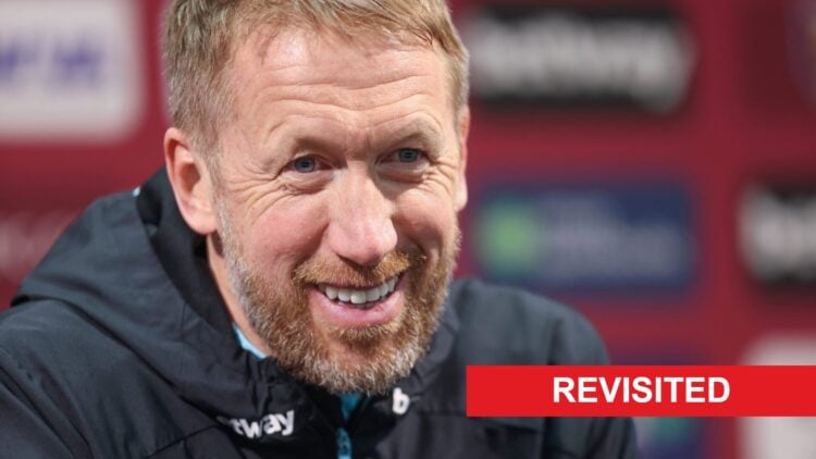 Graham Potter speaking during a West Ham United press conference. A 'revisited' banner has been added.