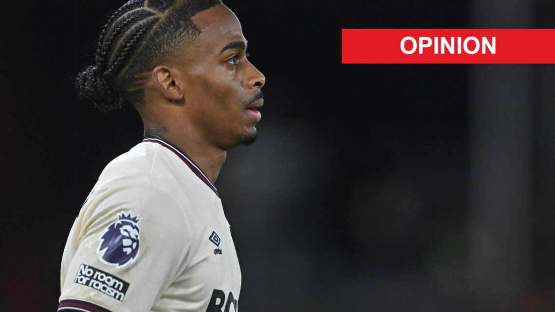 Crysencio Summerville playing for West Ham against Crystal Palace. An 'opinion' banner has been added.