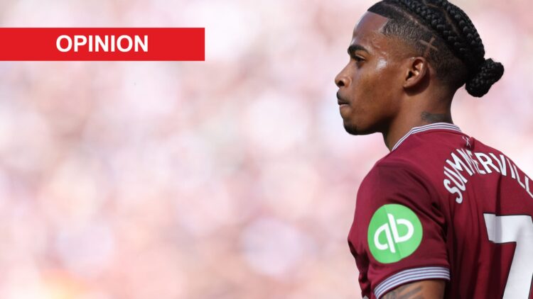 Crysencio Summerville playing for West Ham United against Everton. An 'opinion' banner has been added.