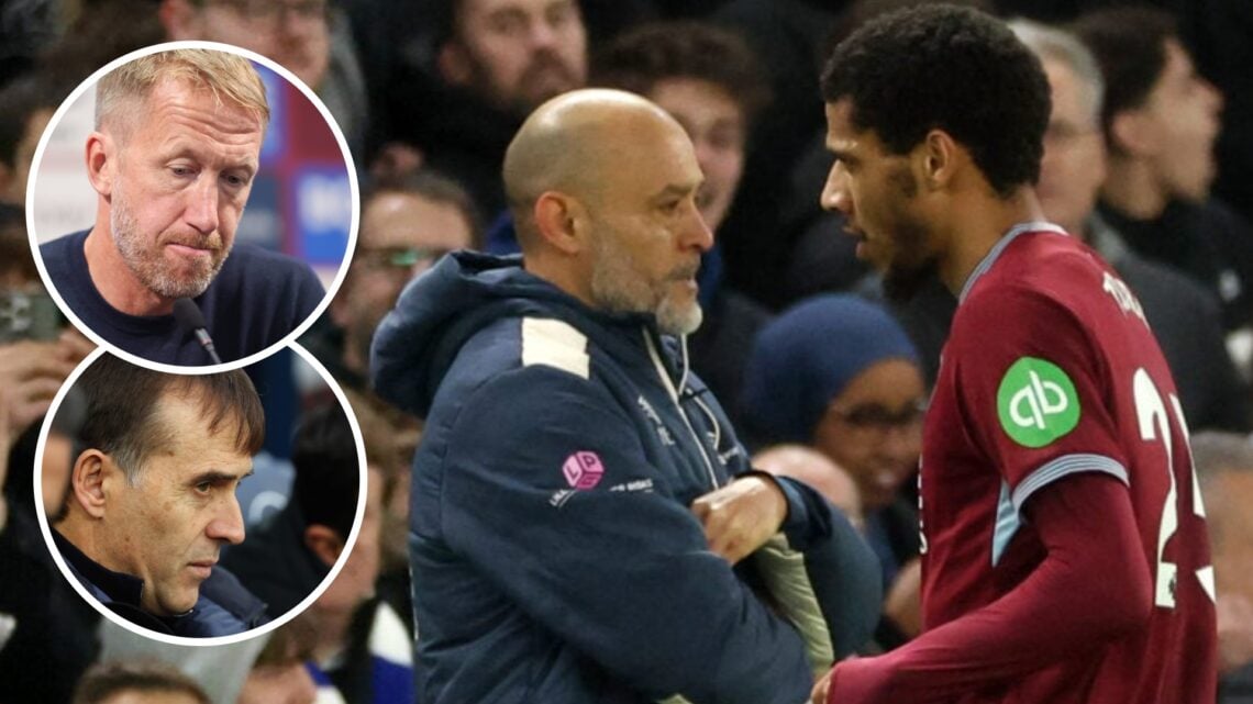 Jean-Clair Todibo walks past West Ham boss Nuno Espirito Santo. Inset, former Hammers bosses Graham Potter and Julen Lopetegui