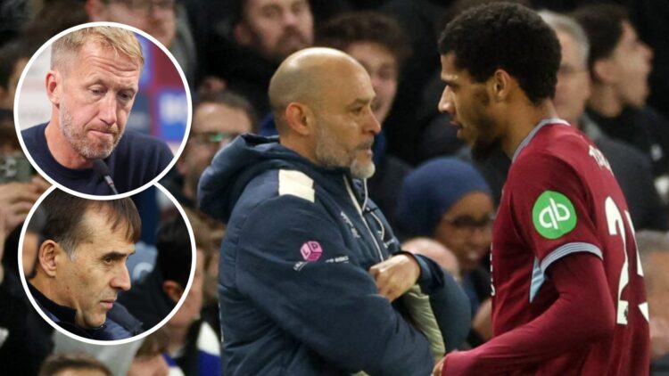 Jean-Clair Todibo walks past West Ham boss Nuno Espirito Santo. Inset, former Hammers bosses Graham Potter and Julen Lopetegui