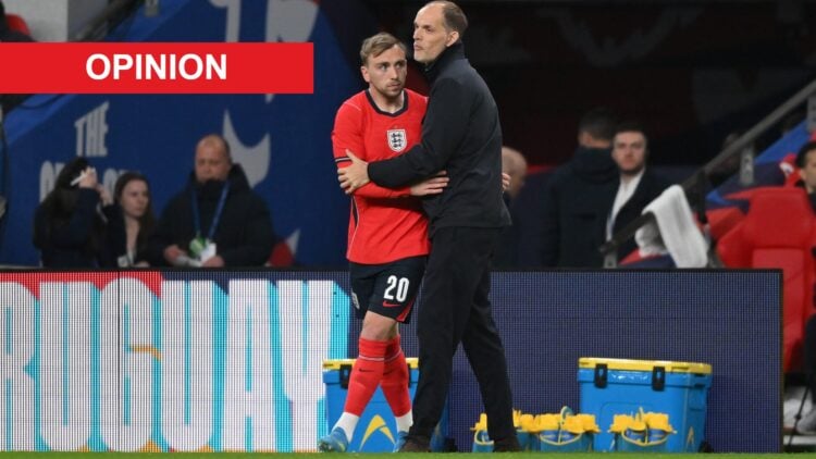 Jarrod Bowen embraces Thomas Tuchel during England's international friendly against Uruguay at Wembley. An 'opinion' banner has been added.