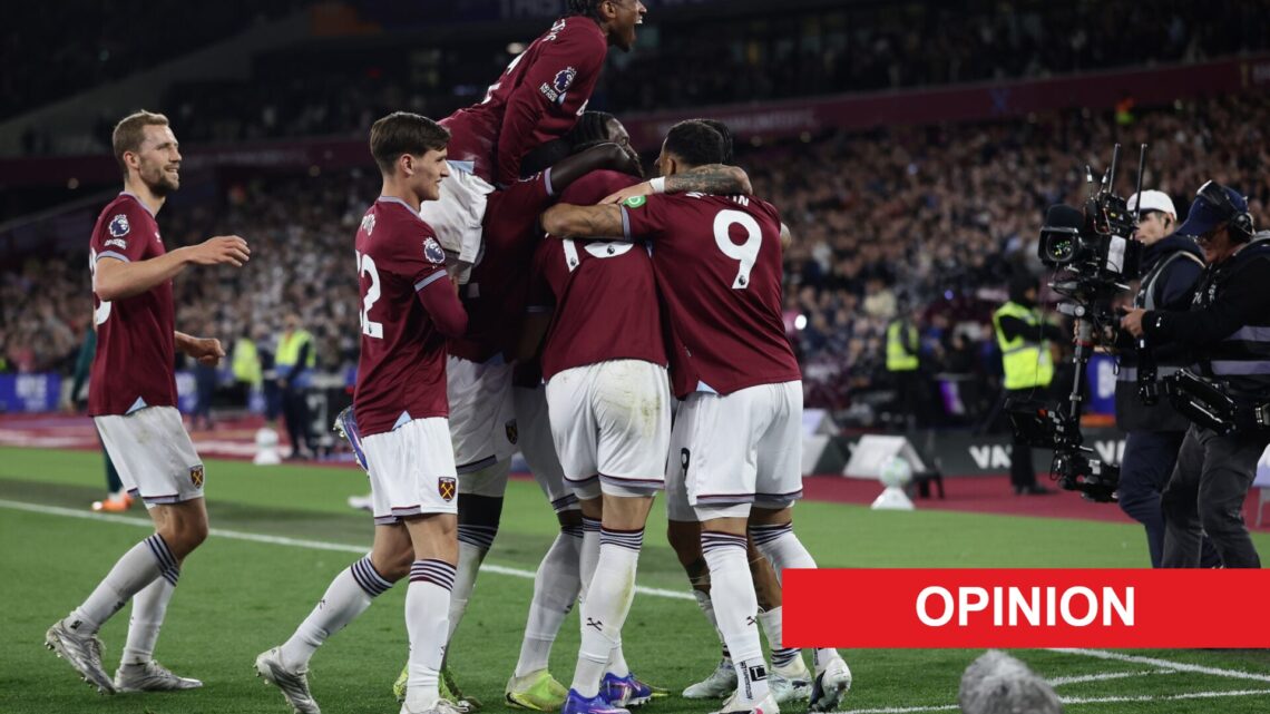 West Ham United players celebrate after Konstantinos Mavropanos scores their fourth goal against Wolves. An 'opinion' banner has been added.