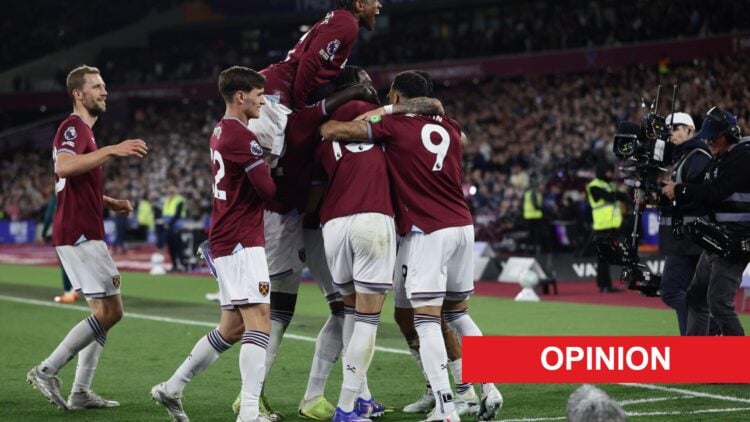 West Ham United players celebrate after Konstantinos Mavropanos scores their fourth goal against Wolves. An 'opinion' banner has been added.