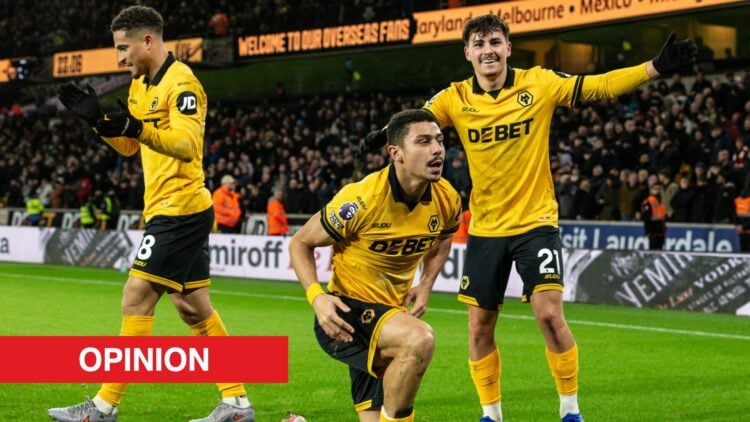 Image showing Wolverhampton Wanderers' Andre celebrating with Joao Gomes and Rodrigo Gomes
