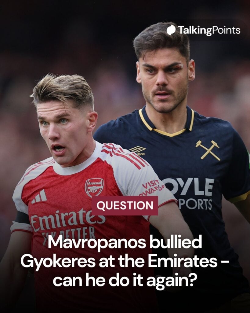 Viktor Gyokeres of Arsenal and Konstantinos Mavropanos of West Ham United during the Premier League match between Arsenal and West Ham United at Emirates Stadium on October 4, 2025 in London, England.