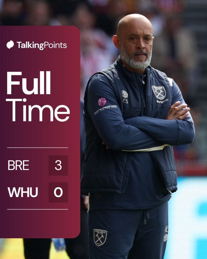 A graphic showing the full-time score (3-0) between Brentford and West Ham in the Premier League on 02/05/2026.