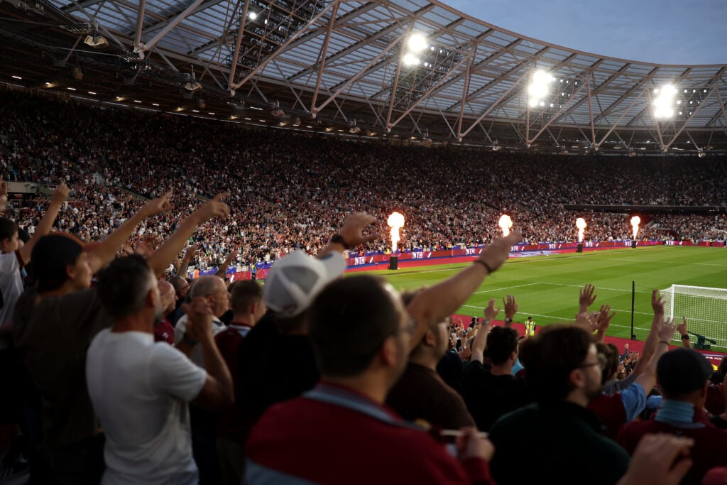 General view inside the stadium as fans show support prior to the Premier League match between West Ham United and Chelsea at London Stadium