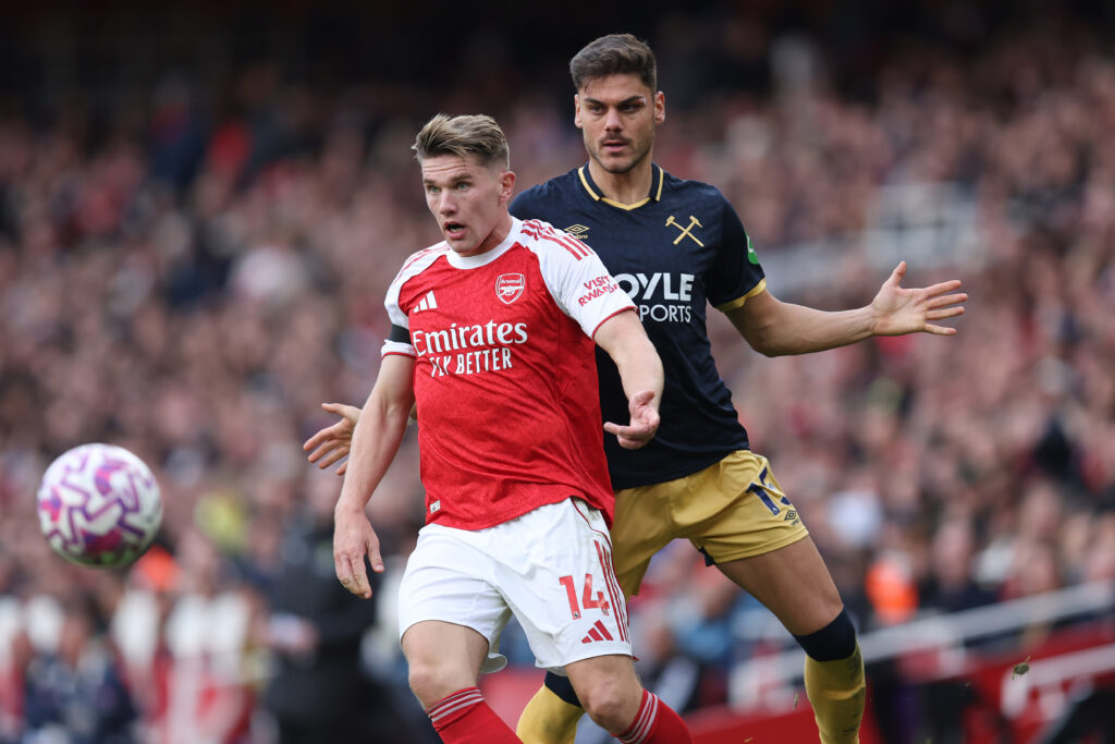 Viktor Gyokeres and Konstantinos Mavropanos - Arsenal v West Ham United - Premier League