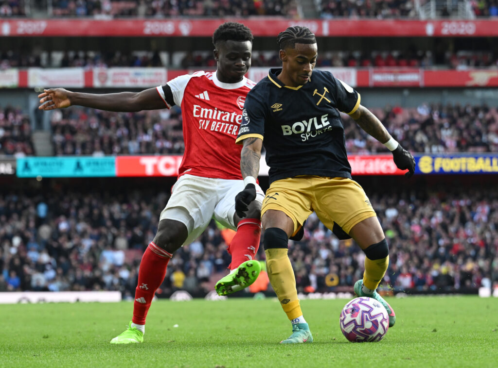 Bukayo Saka challenges Crysencio Summerville - Arsenal v West Ham United - Premier League