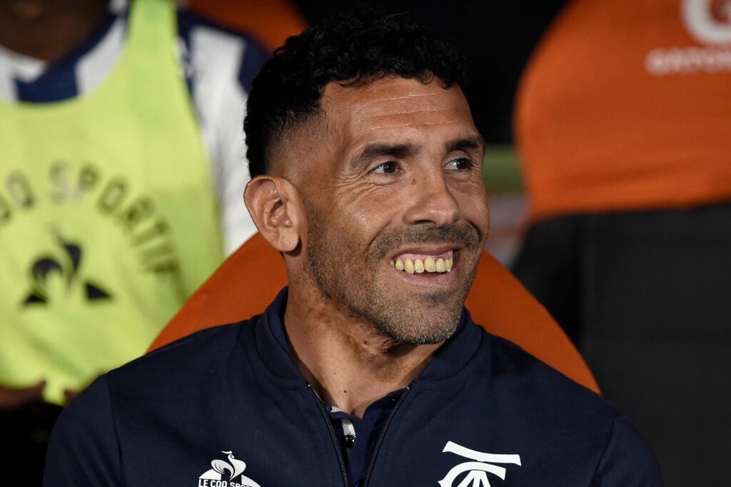 Carlos Tevez, coach of Talleres, smiles prior to a Torneo Clausura Betano 2025 match between Talleres and River Plate at Mario Alberto Kempes Stadium