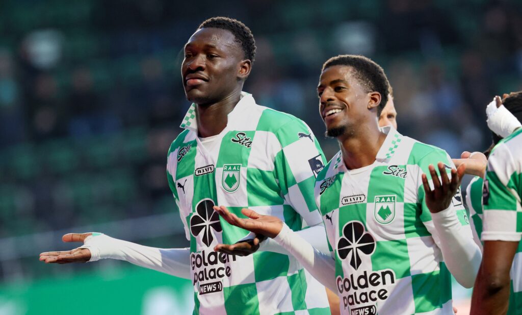 RAAL's Senegalese forward Pape Moussa Fall celebrates with a teammate