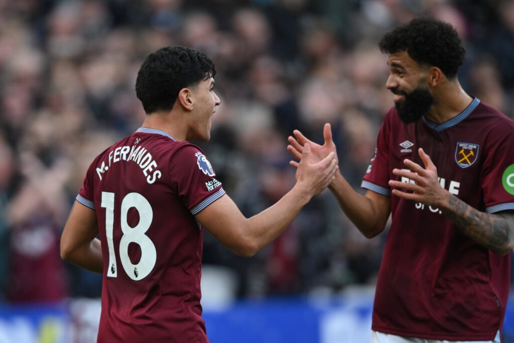 Mateus Fernandes of West Ham United celebrates after scoring the team's third goal with Pablo Felipe of West Ham United during the Premier League match between West Ham United and Sunderland