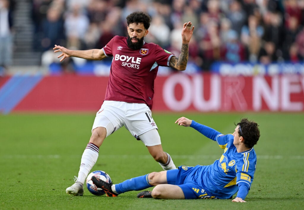 Pablo Felipe playing for West Ham United against Leeds United.