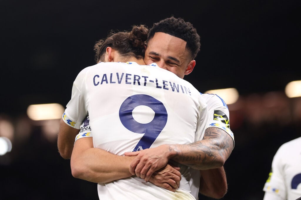 Noah Okafor of Leeds United celebrates scoring his team's second goal with Dominic Calvert-Lewin - Manchester United v Leeds United - Premier League