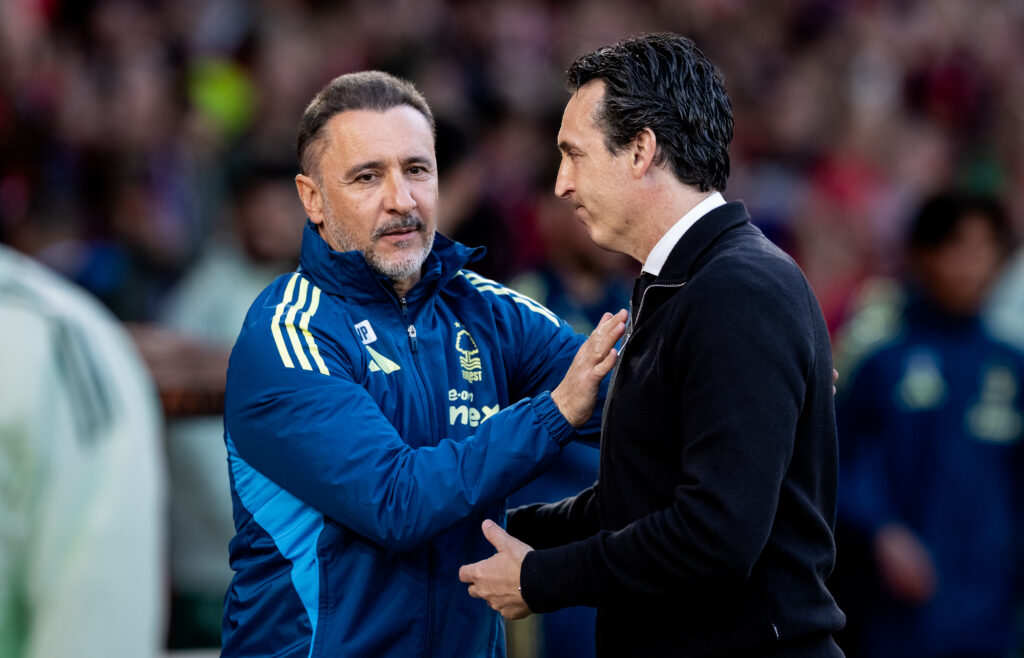 Aston Villa's manager Unai Emery is greeted by Nottingham Forest's manager Vitor Pereira