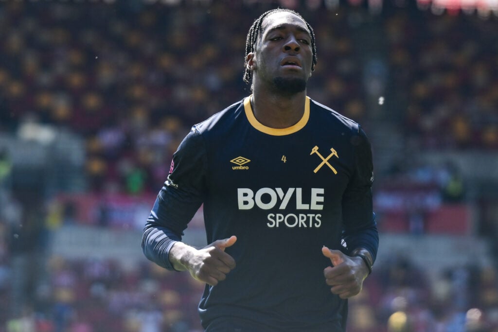 Axel Disasi warming up for West Ham before they play Brentford in the Premier League.