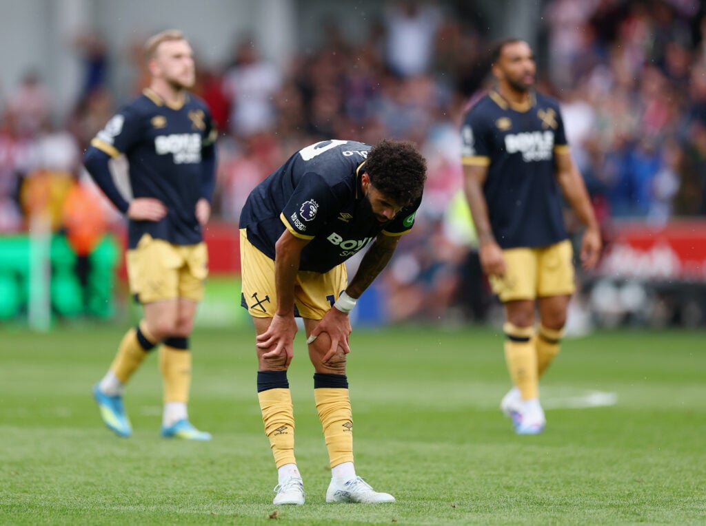 Pablo Felipe looks dejected during West Ham's game against Brentford.
