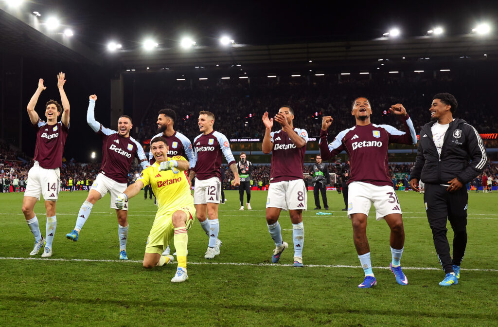 Aston Villa players celebrate after beating Nottingham Forest in the Europa League semi-final.