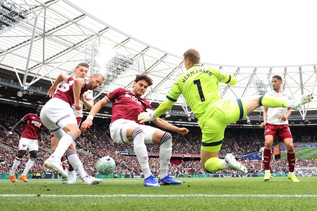 Konstantinos Mavropanos, Thomas Soucek and Mads Hermansen - West Ham United v Arsenal - Premier League