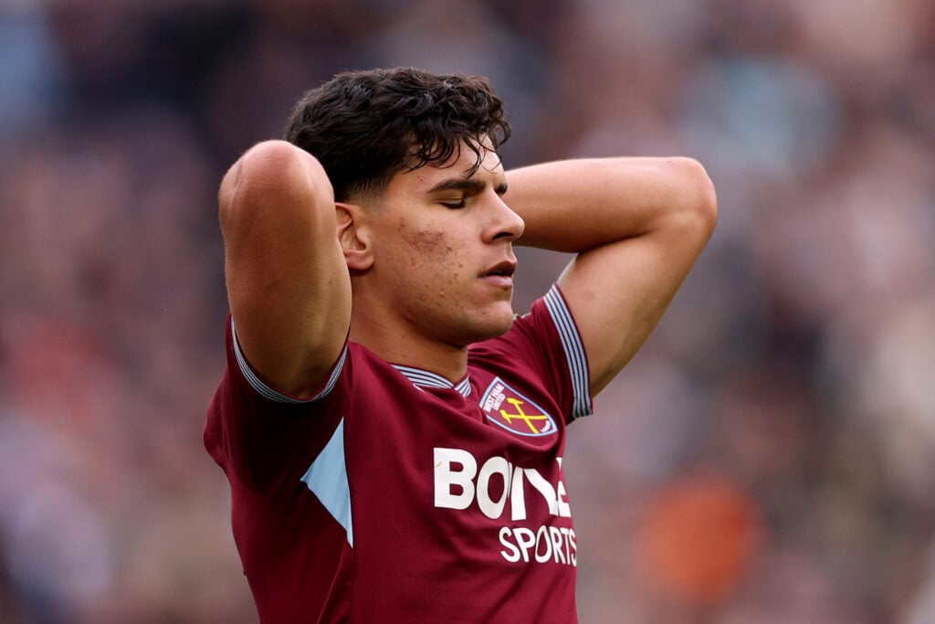 Mateus Fernandes of West Ham United reacts after missing a chance during the Premier League match between West Ham United and Arsenal at London Stadium