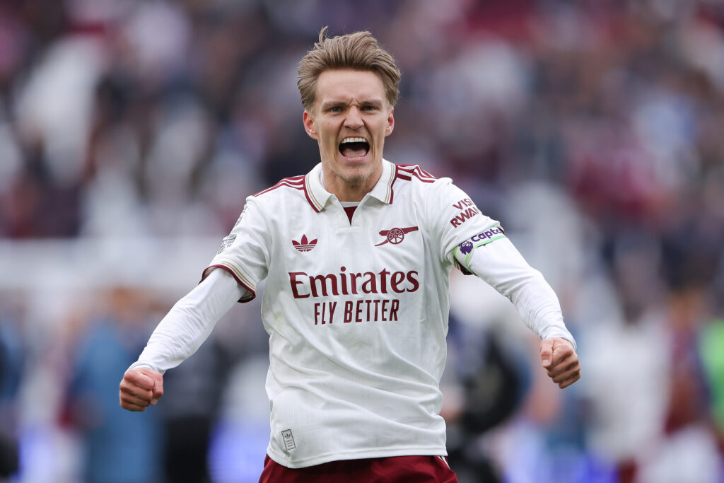 Martin Odegaard of Arsenal celebrates the win over West Ham