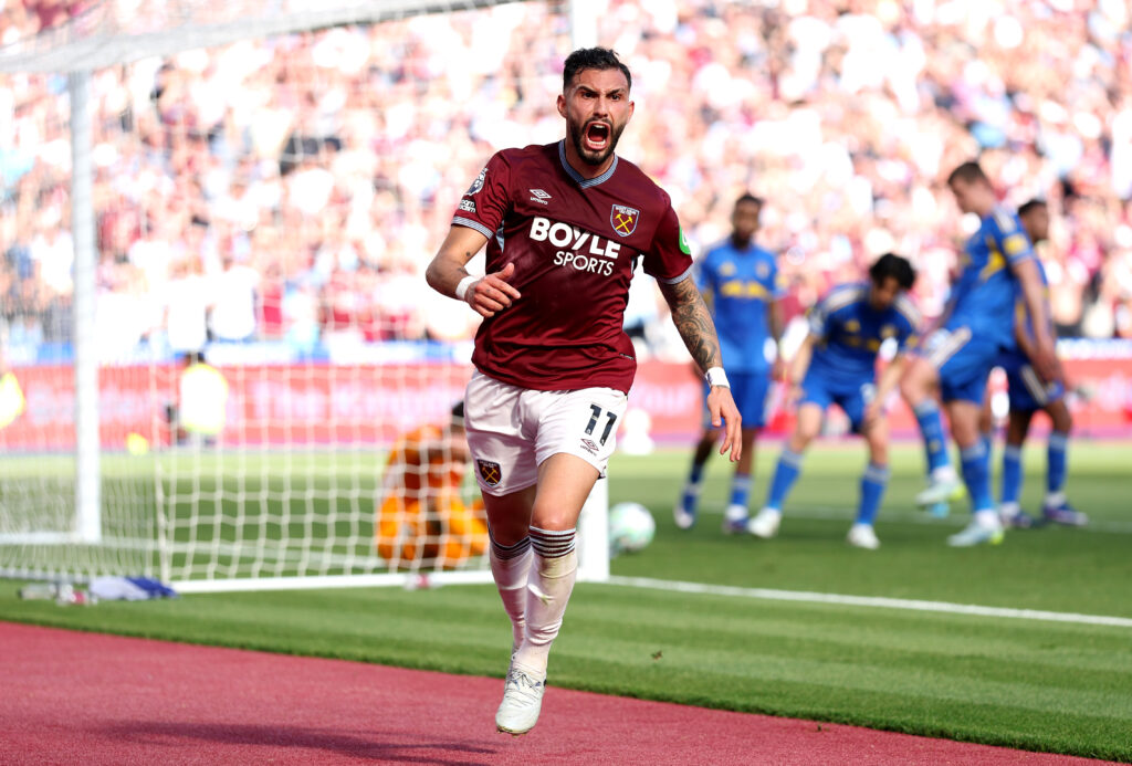 Taty Castellanos of West Ham United celebrates scoring his team's first goal during the Premier League match between West Ham United and Leeds United at the London Stadium