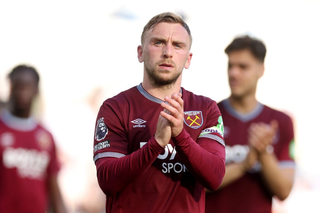 Jarrod Bowen of West Ham United looks dejected as he applauds the fans after the Premier League match between West Ham United and Leeds United at the London Stadium