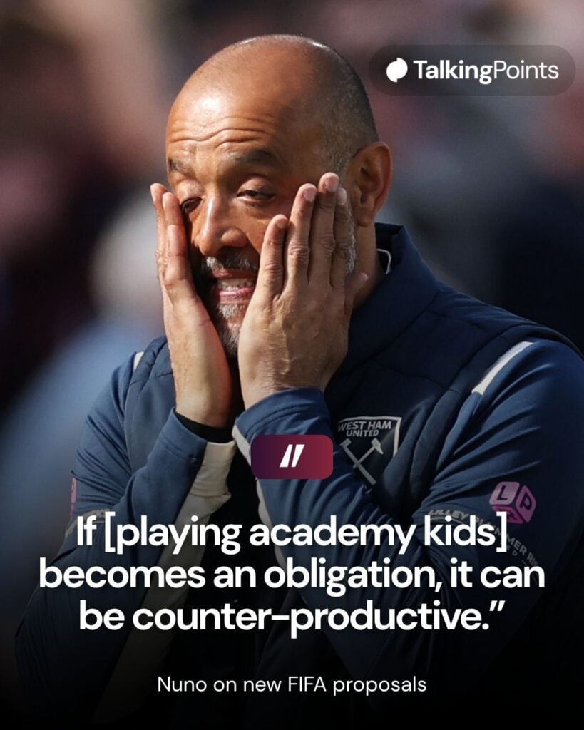 Nuno Espirito Santo, Manager of West Ham United, reacts during the Premier League match between West Ham United and Everton at London Stadium on April 25, 2026 in London, England.