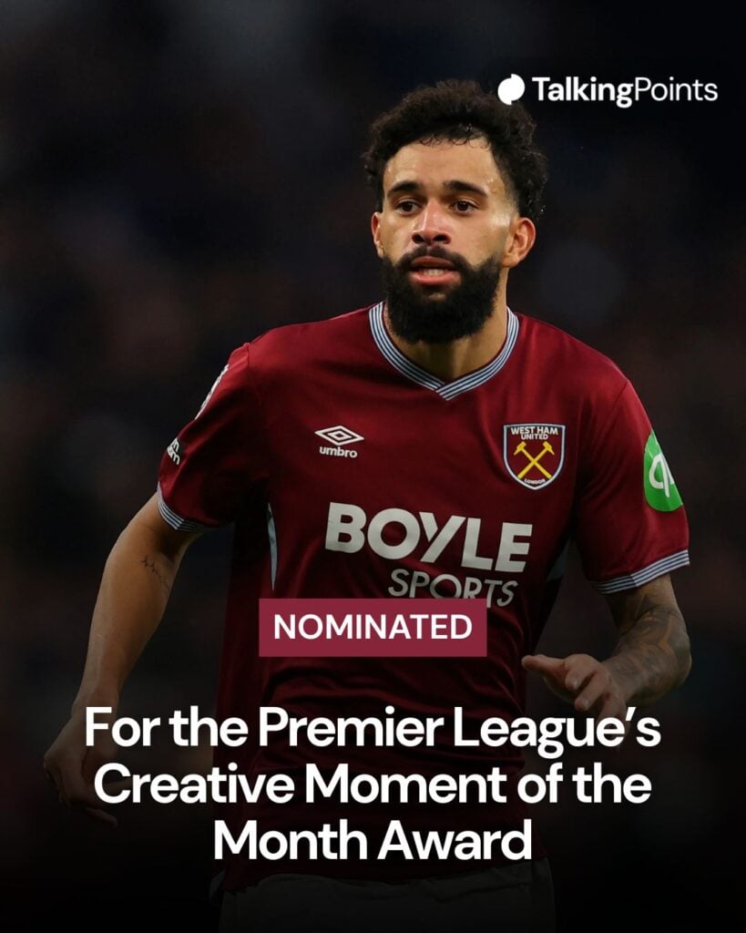 A graphic showing Pablo Felipe being nominated for the Premier League’s Creative Moment of the Month Award. Image shows Pablo Felipe playing for West Ham United.