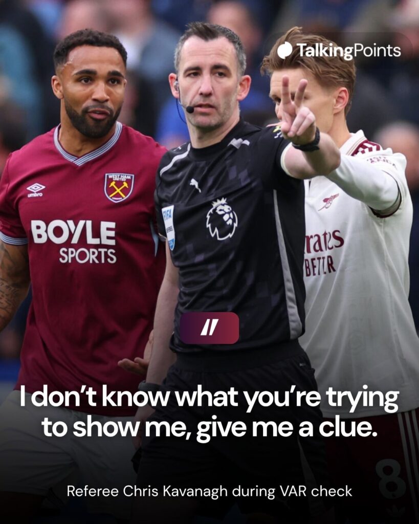 Callum Wilson of West Ham United reacts toward Referee,Chris Kavanagh for disallowing his goal after a foul on David Raya of Arsenal by Pablo of West Ham United during the Premier League match between West Ham United and Arsenal at London Stadium
