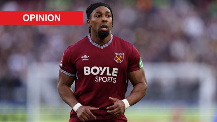 Adama Traore playing for West Ham United against Leeds United. An 'opinion' banner has been added.