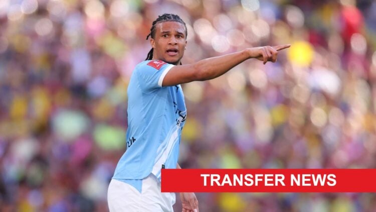 Nathan Ake playing for Manchester City against Southampton. A 'transfer news' banner has been added.