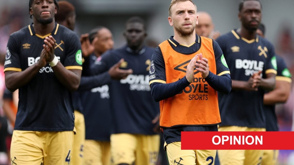 Jarrod Bowen acknowledges the West Ham fans after losing to Brentford. An 'opinion' banner has been added.