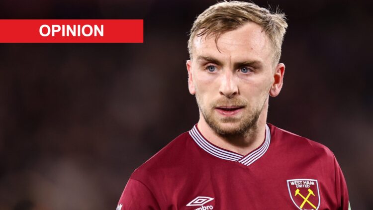 Jarrod Bowen during West Ham's Premier League game against Wolves. An 'opinion' banner has been added.