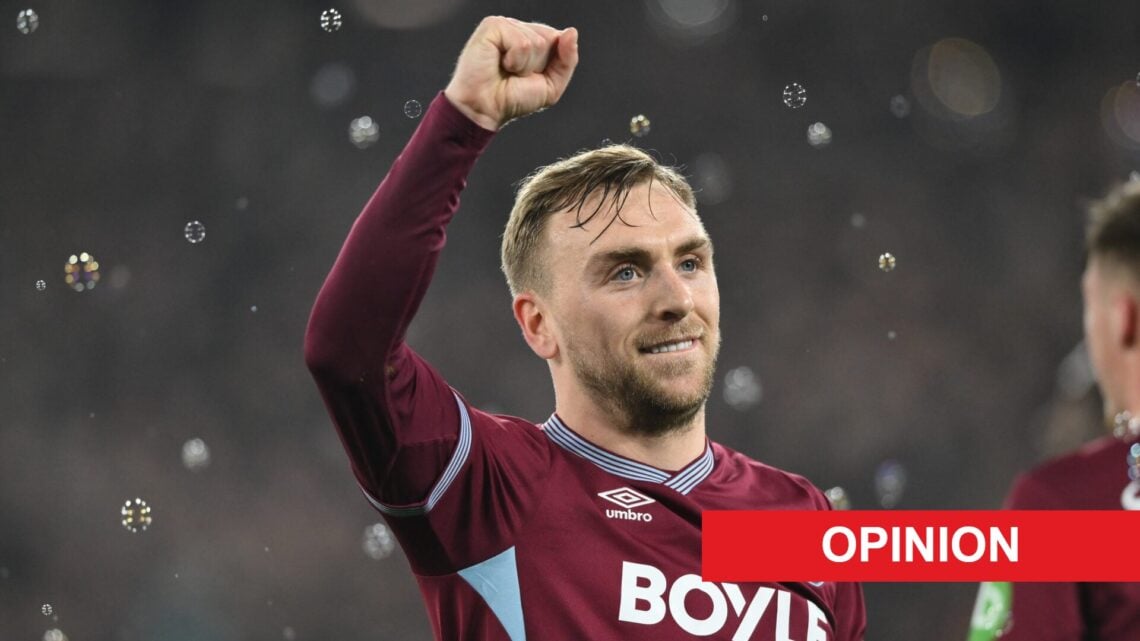 Jarrod Bowen celebrates during West Ham United v Brentford - Emirates FA Cup Fifth Round. An 'opinion' banner has been added.