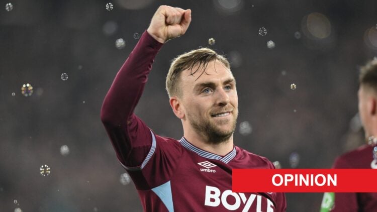 Jarrod Bowen celebrates during West Ham United v Brentford - Emirates FA Cup Fifth Round. An 'opinion' banner has been added.